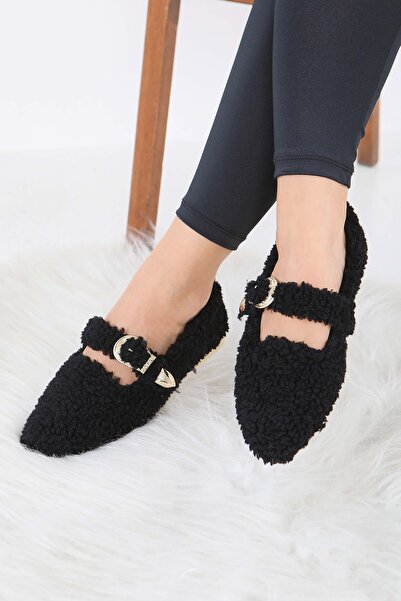 TOFİSA Women's Black Belt Detailed Plush Ballerinas - 27910-Black