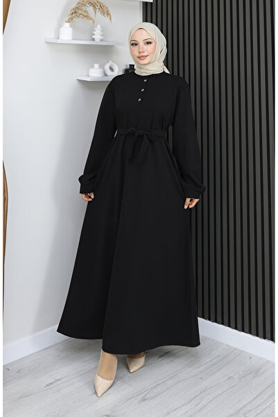 sefamerve Scuba Fabric Half Button Belted Dress 2167-05 Black