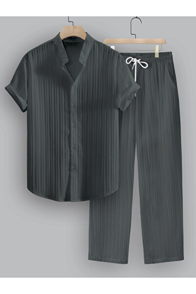 Take Two By Styli Men Charcoal Textured Shirt and Pants Co-Ords