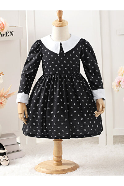 Take Two By Styli Girl's Print Colorblock Collar Long Sleeve A-line Dress