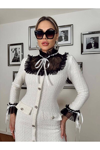 Siseniorita Wool Midi Dress with Contrast Lace - Slit and Pearl Buttons