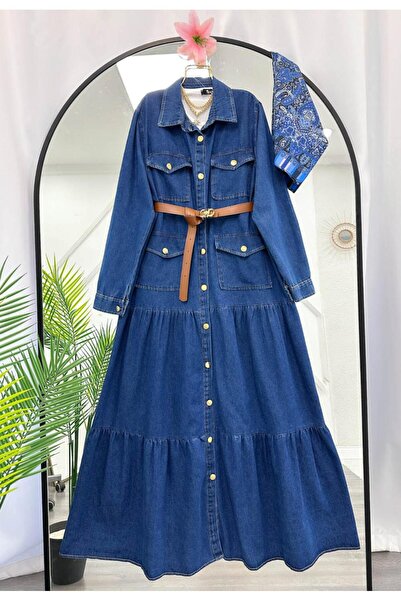 YEDİLALE Shirt Collar Full Buttoned Flare Denim Dress [140 cm Medium, Belt Included, Size Range 38-44]