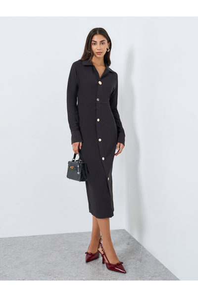 Styli Black Buttoned Long Sleeves Midi Dress