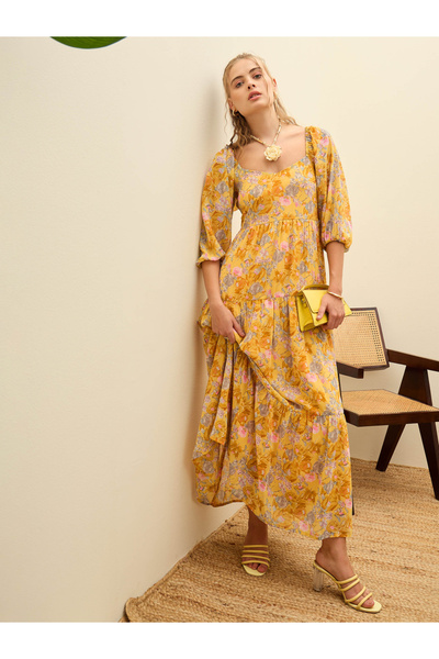 Sassafras By Styli Yellow Floral Print A-Line Maxi Dress