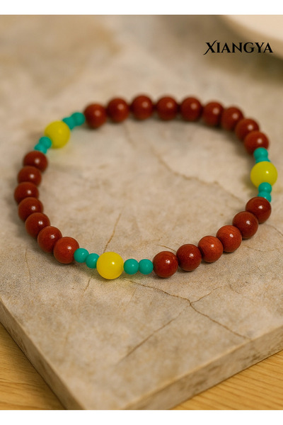 XIANGYA Sandalwood Bracelet with Amber and Green Stone Accents – Natural Beaded Jewelry for Women