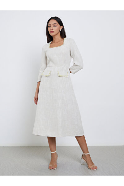 Styli Off White Faux Pearl Detail Tweed Midi Dress
