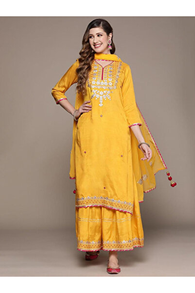 Ishin By Styli Yellow Rayon Kurta with Pants and Dupatta Set
