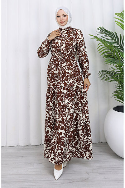 sefamerve Hakim Yaka Belted Lace-Up Patterned Dress 0190-03 Brown