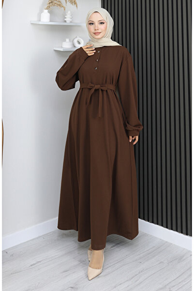 sefamerve Scuba fabric half buttoned belted dress 2167-01 brown