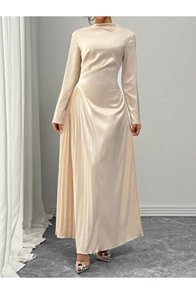 Take Two By Styli Solid High Neck Pleated Detail Maxi Dress