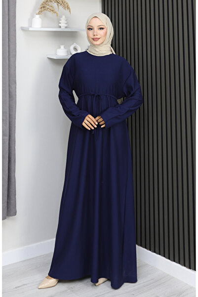 sefamerve Premium Fabric Belted Dress 2165-05 Navy Blue