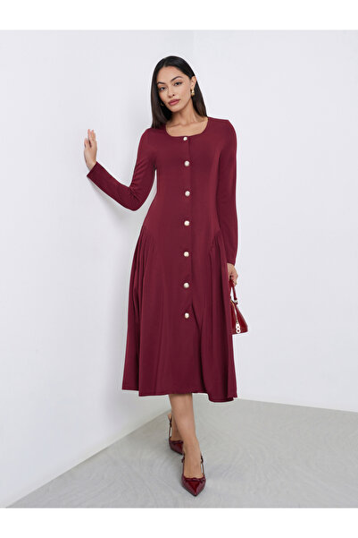 Styli Maroon Pleated A-Line Midi Dress