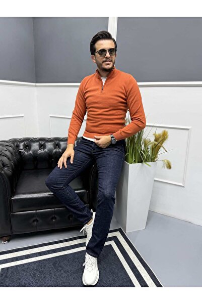 Avni Ceylan Men's Zippered Half-Thigh 100% Cotton Knit Sweater