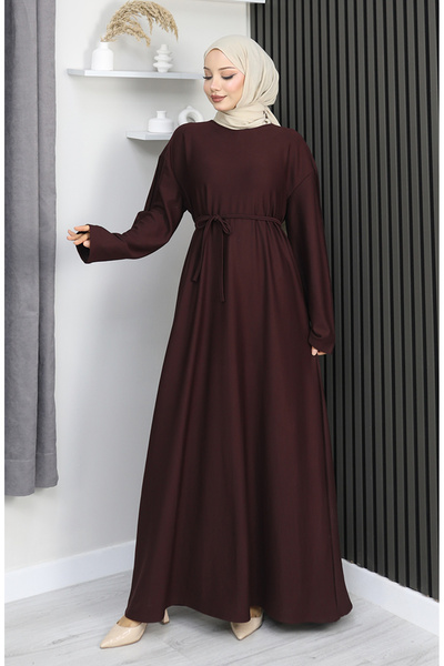 sefamerve Premium Fabric Belted Dress 2165-03 Bitter Brown