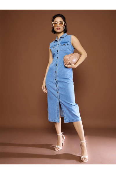 Sassafras By Styli Blue Denim Front Button Midi Dress