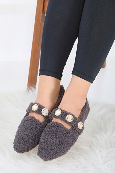 TOFİSA Women's Anthracite Pearl and Tuğra Detailed Plush Ballerinas - 27911-Antrasit