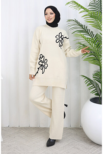 sefamerve Knitwear Floral Patterned Tunic Trousers Double Set 1110-08 Beige