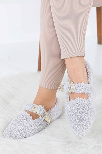 TOFİSA Women's Gray Belt Detailed Plush Ballerinas - 27910-Gri