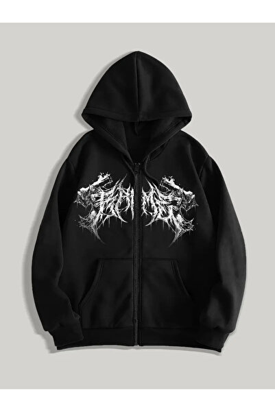 AEMİ للجنسين مطبوع قصة فضفاضة سويت شيرت أسود بغطاء رأس بسحاب