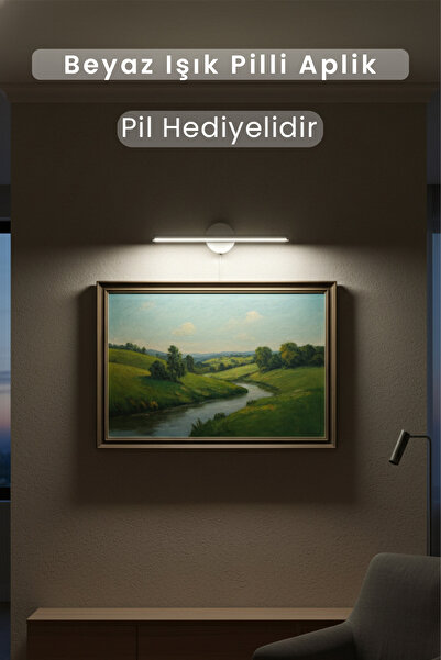 Siyempi Yapışkanlı 9V Pilli LED Beyaz Beyaz Işık Duvar Aplik 34 cm Tablo Ayna Üstü Dekoratif Aydınlatma