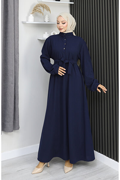 sefamerve Scuba fabric half buttoned belted dress 2167-04 navy blue