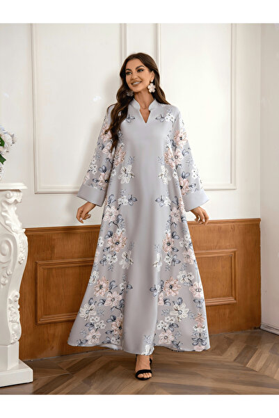 Take Two By Styli Floral Print Embellished Faux Pearl Detail Jalabiya