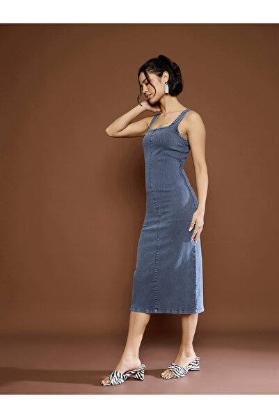 Sassafras By Styli Blue Acid Wash Strappy Midi Dress