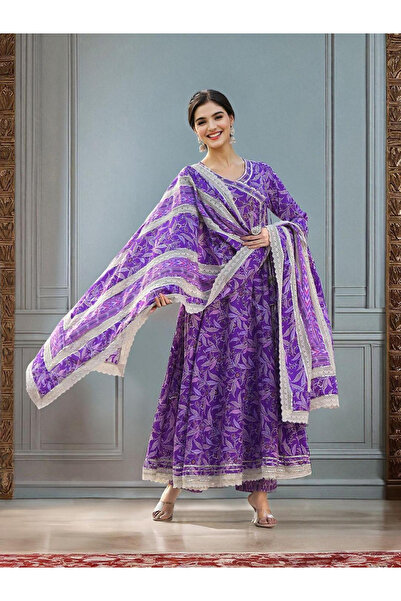 Ishin By Styli Purple Cotton Kurta with Pants and Dupatta Set
