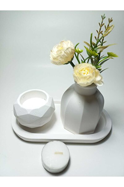 emilysamy Geometric Candle Holder and Vase Decorative Set with Plate White