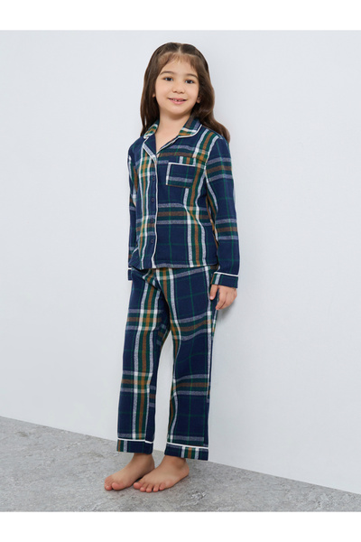 Styli Family Pyjamas - Kids Checked Piped Buttoned Shirt and Pyjama Set