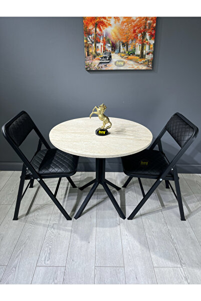 hey modüler mobilya Aras Traverten 2 Kişilik Yuvarlak Mutfak Yemek Masası Tak...