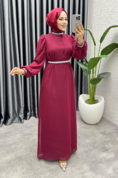 modapark.ist Women's Belted Stone Detailed Chiffon Evening Dress