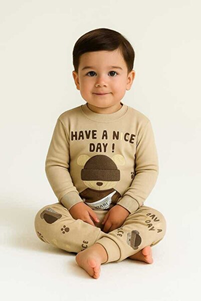 Hümazade Ecru Teddy Bear 1-2-3 Years Old Children's Top and Bottom Set Pajama...