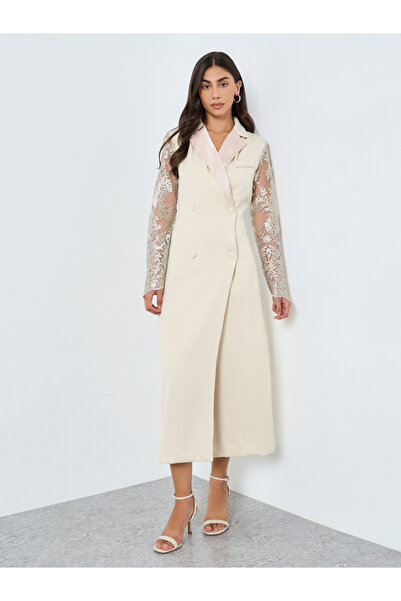 Styli Cream Lace Sleeve Blazer Midi Dress
