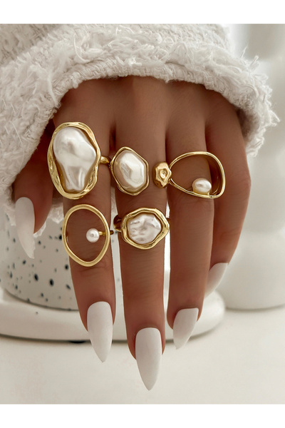 Take Two By Styli Set of 5 - Faux Pearl Statement Rings
