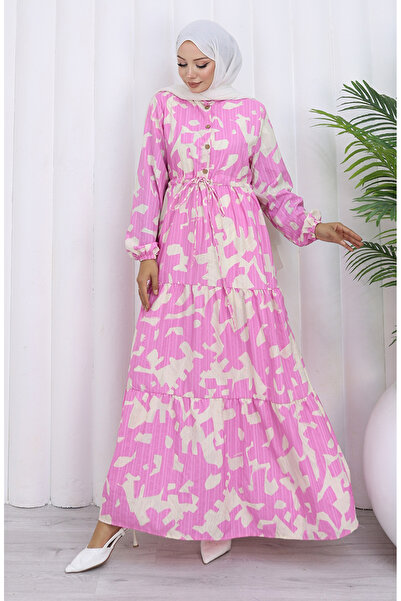 sefamerve Hakim Yaka Beli Lace-Up Patterned Dress 0191-05 Pink