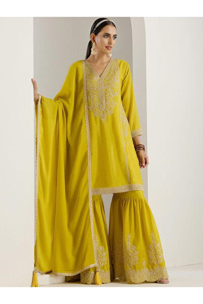 Ishin By Styli Mustard Embroidered Kurta with Pant and Dupatta Set
