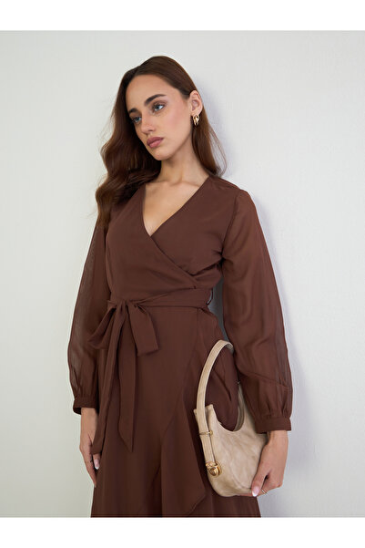 Styli Brown Long Sleeves Wrap Midi Dress
