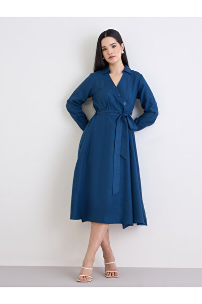 Styli Women Teal Plain Long Sleeves A-Line Midi Dress