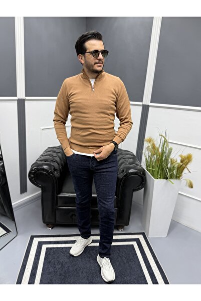 Avni Ceylan Pulover pentru bărbați, cu fermoar, cu guler pe jumătate, 100% bu...