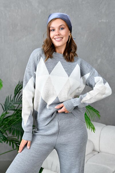 Noi Belis Oversized Plaid Patterned Crew Neck Knitwear Bottom-Top Set Aw25Au0030