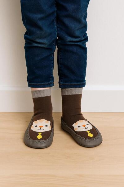 BONY SOCKS Детски ботушки с мокасини с лъвски мотив – Неплъзгащи се обувки за дома и детската стая, сиви