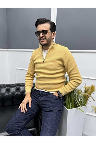 Avni Ceylan Men's Zippered Half-Thigh 100% Cotton Knit Sweater