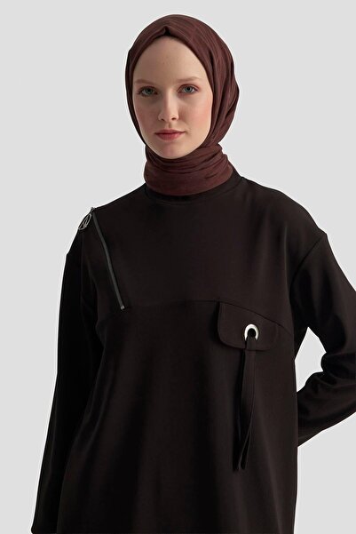 Armine Omuz Çapraz Fermuar Detaylı Tunik - Siyah