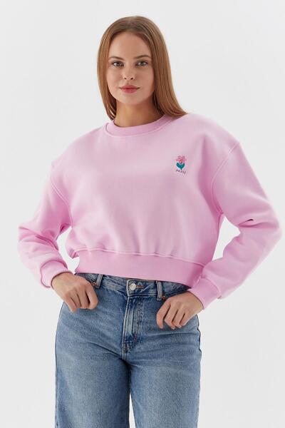 Shopping Shop Crop Sweat cu detalii de broderie florală tricou ROZ