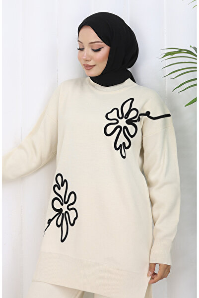 sefamerve Knitwear Floral Patterned Tunic Trousers Double Set 1110-08 Beige