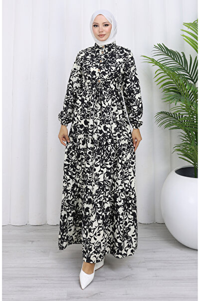 sefamerve Hakim Yaka Belted Lace-Up Patterned Dress 0190-05 Black