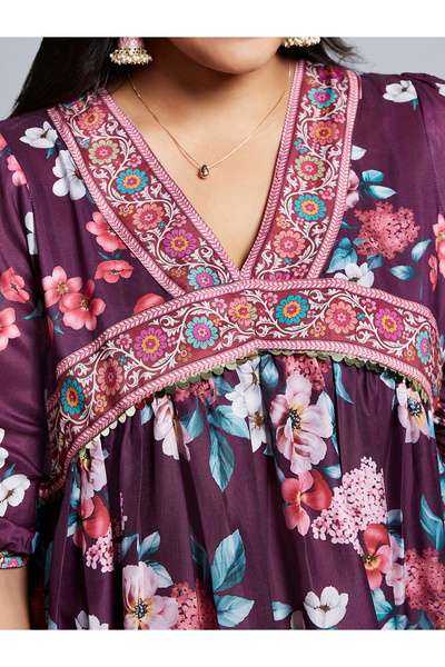 Globus By Styli Plus Size Burgundy Floral Print Fusion Midi Dress