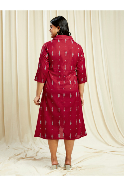 Globus By Styli Plus Size Maroon Ethnic Print Midi Dress