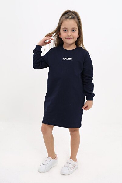 Toontoy Kız Çocuk Baskılı Relax Fit Bisiklet Yaka Uzun Kollu Elbise -